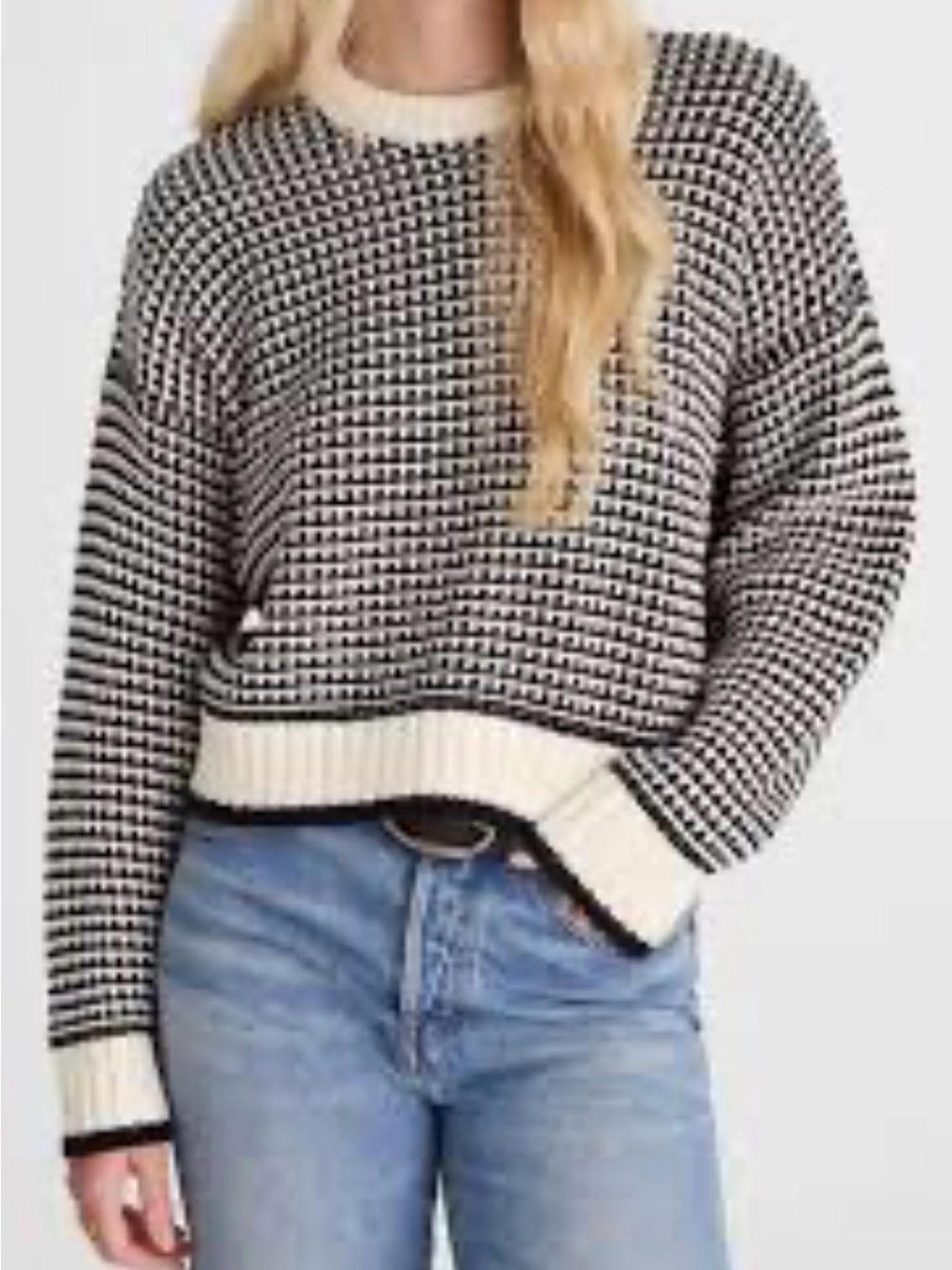 NWT Madewell Textured-Stitch Crewneck Sweater Ivory Black Stripe Size L